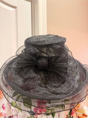 Betmar Mavis Black Sheer Wide-Brim Hat with Floral Bow